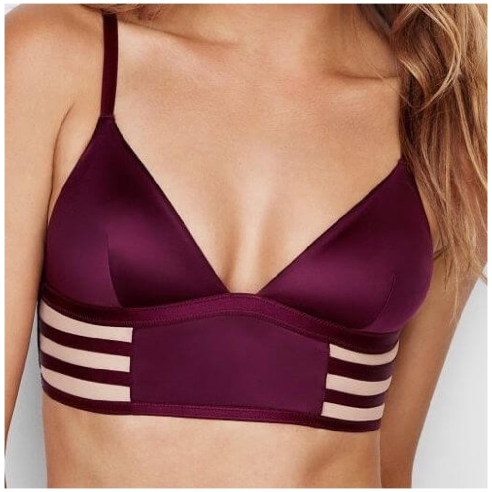 Victoria's Secret Strappy Mesh Long Line Plunge Satin Maroon Bralette Size XS